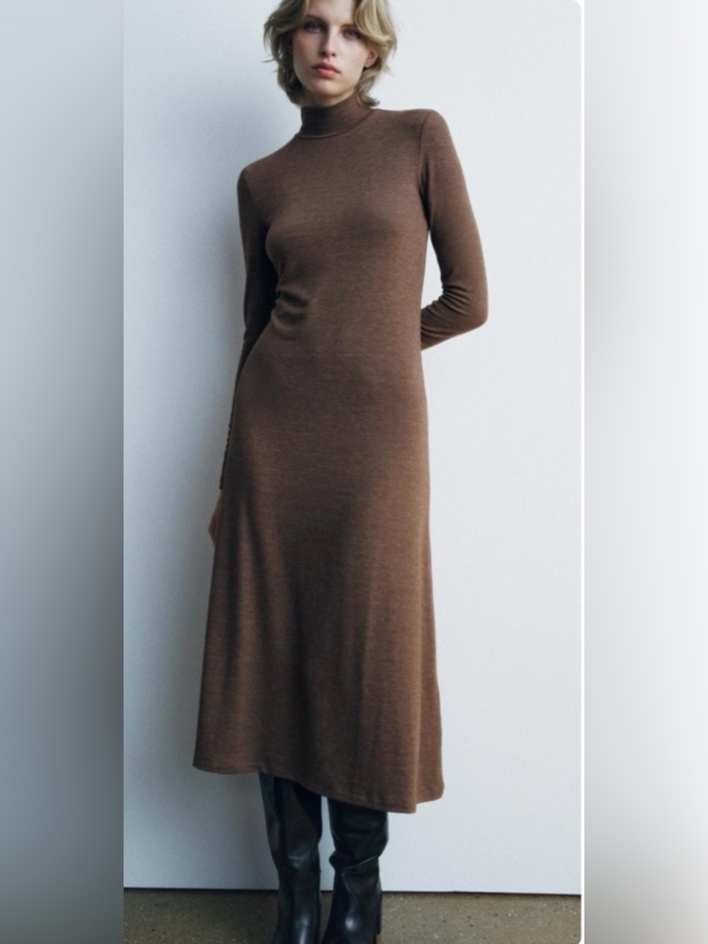 Zara Brown Long Sleeve Mock Neck Maxi Dress Size Small